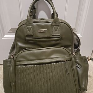 Jujube Olive Green Leather Diaper Backpack - Quilted Front